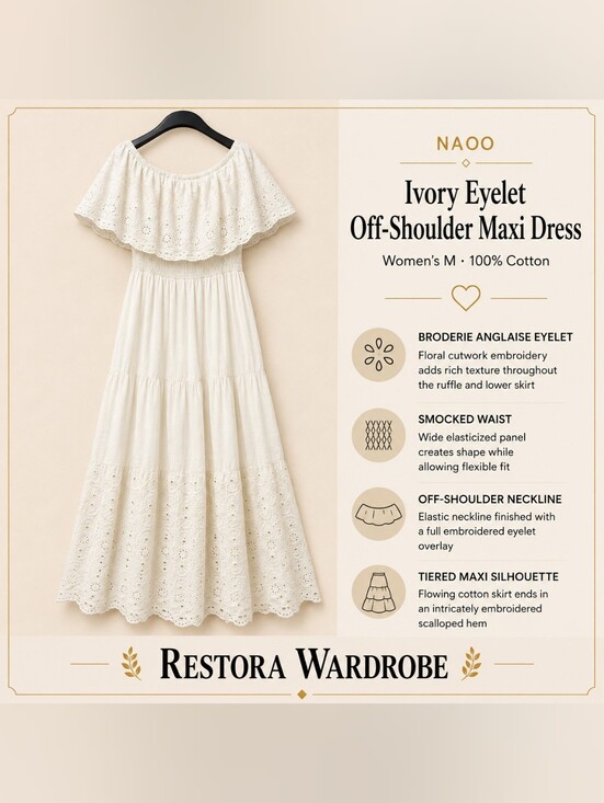 Naoo Dresses & Skirts - NAOO Romantic Boho Eyelet Maxi Dress Smocked Off Shoulder M